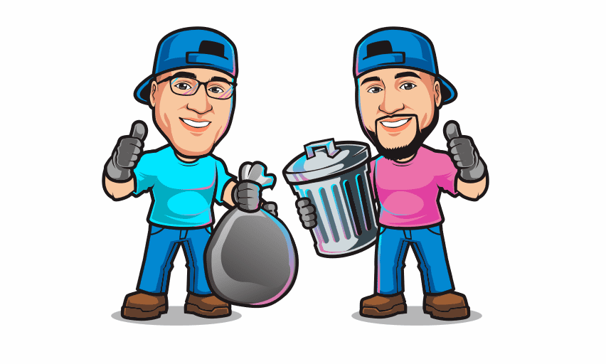 Two men holding a trash can and bag